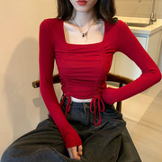 红色抽绳t恤女装春装2023长袖方领短款打底衫小个子辣妹上衣