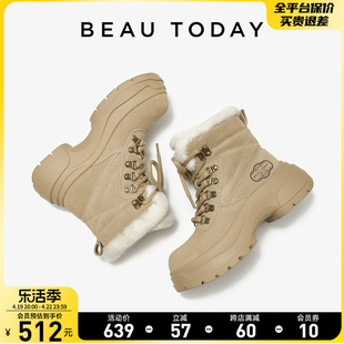 BeauToday保暖雪地靴女款2024冬季BT厚底加绒棉鞋复古短靴女