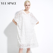 YUESPACE蕾丝衫宽松长款镂空时尚休闲女士夏季V领两面穿短袖罩衫