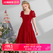 艾丽丝2024新年夏季中长款连衣裙女红色，短袖网纱蕾丝公主裙子