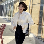 韩国东大门秋冬季不规则纹设计女棉服单排扣休闲短款中袖棉衣外套