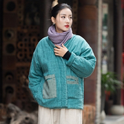 中国风秋冬季棉衣女装，宽松外套棉麻短款文艺，复古夹棉保暖棉袄棉服
