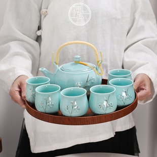 青瓷茶壶茶具套装家用景德镇陶瓷大号提梁壶，现代简约轻奢茶杯茶盘