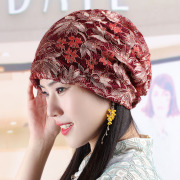 女士春夏薄款透气头巾帽子韩版时尚，蕾丝花朵堆堆帽镂空网眼，包头帽(包头帽)