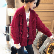 红色圣诞针织开衫外套女韩版荷叶边外穿毛衣冬季2201年欧洲站