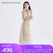 breadnbutter2022收腰长身飘逸浅黄色花型印花雪纺连衣裙