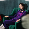 magicq独家原创设计深紫色，蝴蝶图案立领镂空羊毛针织提花连衣裙