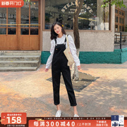 牛仔背带裤女2024春季韩版设计宽松显瘦小个子黑色连体裤
