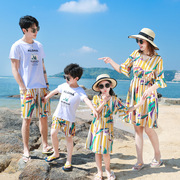 沙滩亲子装夏装一家三口四口套装全家装三亚海边旅游母女连衣长裙