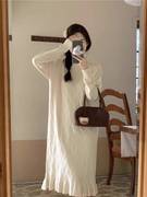 法式白色长袖针织连衣裙，女秋冬季配大衣内搭打底收腰气质毛衣长裙