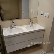 白色烤漆双台盆一体式四面挡水人造石台面日式简约组合浴室柜镜柜
