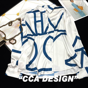 CCA自制仿绸缎亮面丝滑蓝色几何图案线条长袖衬衫缎面长袖衬衣女