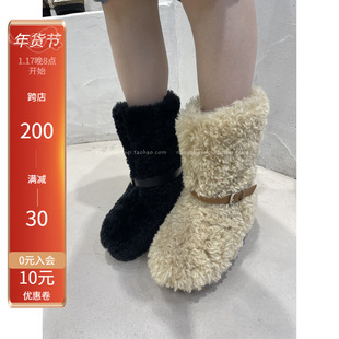 韩国东大门2023冬季chic时髦皮带扣防滑厚底，泰迪卷雪地靴