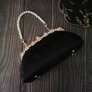 原创设计黑色织锦缎手拿包珍珠手拎包搭旗袍的包复古时尚精致小包