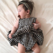 韩国婴儿无袖连体衣，女宝宝可爱格子，纯棉爬服哈裙夏装薄款