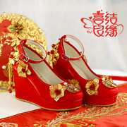 红色结婚鞋子中式婚礼超高跟坡跟喜娘，新娘秀禾服婚纱中式婚礼鞋子