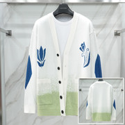 Liberclassy韩国23年春季白色V领开衫单排扣插画拼接毛衣时尚
