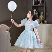 女童走秀礼服2024蓝色新中式泡泡，袖蓬蓬公主裙，小女孩轻奢亮片礼服