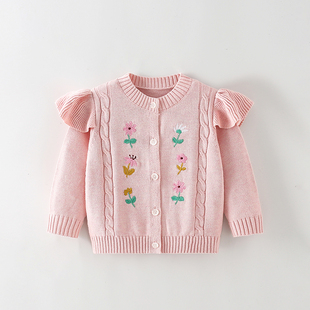 女童毛衣外套春秋款，2024时髦洋气儿童，刺绣针织衫甜美粉色开衫
