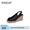 KISSCAT接吻猫2024年夏季法式编织气质鱼嘴防水台坡跟凉鞋女