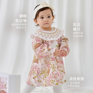 modomoma礼寓 女童连衣裙秋装小童花边公主裙碎花女宝礼服A字裙子