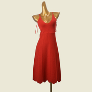 红色深v吊带裙欧美风，气质露背收腰a字裙外贸，原单针织连衣裙
