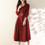 秋季衬衫裙子女装中长裙长款气质职业长袖高腰红色黑色连衣裙
