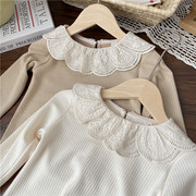 婴儿打底衫女宝宝纯棉洋气，公主女童蕾丝，花瓣领上衣白色长袖t恤秋