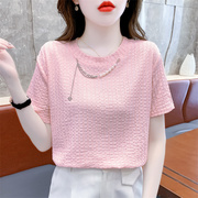 蕾丝短袖t恤女夏装2023洋气减龄体恤小衫设计感小众粉色上衣