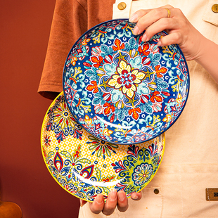 波西米亚陶瓷盘子，高颜值家用创意菜盘子，水果盘牛排盘深盘圆盘餐具