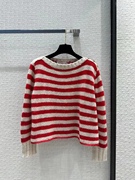 女装2024早春欧洲站，羊绒混纺红白条纹，气质优雅时尚一字领毛衣