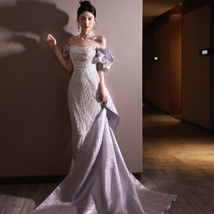 紫色鱼尾晚礼服裙女高级感高端轻奢小众法式婚纱年会主持人一字肩