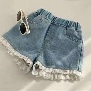 外贸童装货源 夏季女童韩版牛仔短裤中大童洋气蕾丝短裤