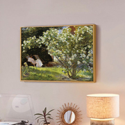 白玫瑰花丛绿色风景油画，复古艺术挂画莫奈客厅卧室装饰画梵高壁画