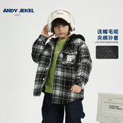 安迪杰克尔男童夹棉外套连帽儿，童羊毛呢加厚衬衫保暖棉服冬装