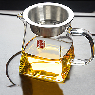 加厚耐热玻璃公杯带茶漏隔茶器，公道杯茶海分，茶器茶海四方公杯带网