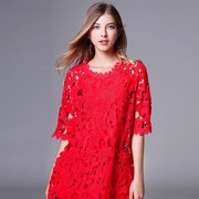 夏季女装胖mm宽松中长款连衣裙大码 A字重工艺水溶镂空红色蕾丝裙