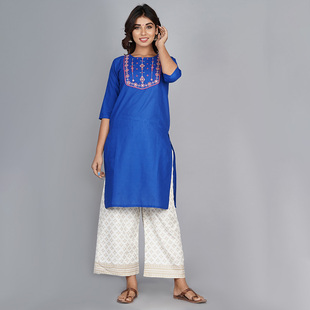 印度女装纯棉刺绣中长款民族风上衣春夏款2024宝蓝色舒适薄款