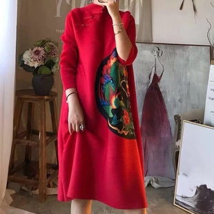 衣尚褶皱春装宽松大码中长款复古印花改良旗袍红色衣裙