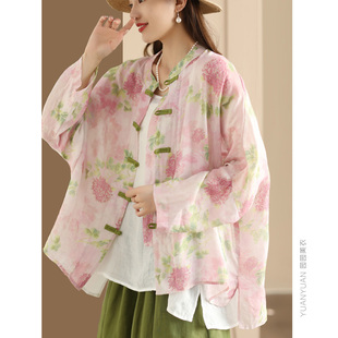 新中式印花苎麻衬衫上衣外套，女复古国风盘扣，文艺立领长袖衬衣开衫