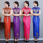 走秀旗袍玫红色2023蕾丝，中式宴会礼服裙，复古改良文艺演出旗袍