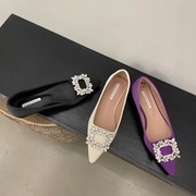 法式小香风水钻尖头平底单鞋，时尚鞋子女2023紫色，配裙子纯色瓢鞋春