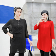 雪纺衫女中长款韩版显瘦七分袖圆领套头学生2021年夏季休闲上衣潮