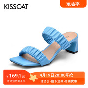 KISSCAT/接吻猫夏季方头露趾羊皮高跟外穿凉拖鞋女KA21300-14
