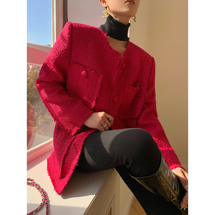 WANGXO玫红色设计感小香风外套女2023年冬季时尚显瘦百搭呢子大衣