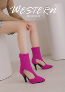 桔色玫红色橘色靴子，弹力靴女高跟短靴，薄款单靴夏季凉靴大码fwsx
