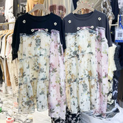 法式假两件T恤拼接雪纺花色减龄连衣裙女2023设计感气质茶歇裙子
