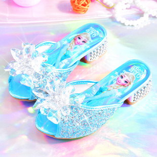 儿童水晶鞋夏季女童拖鞋爱莎蓝色，公主鞋时尚，洋气高跟外穿小孩凉拖