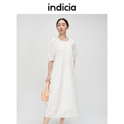 indicia标记夏季灯笼袖白色连衣裙圆领系带裙子C6B405LQ049