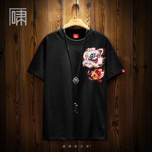 夏季潮牌国潮中国风醒狮刺绣短袖，t恤男小众，设计感民族风体恤半袖